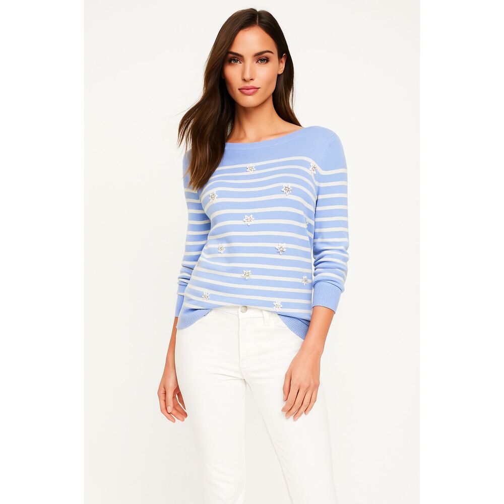 LOFT BLUE & WHITE STRIPED CRYSTAL FRONT CAREER CLASSIC THIN SWEATER SIZE: MP NEW